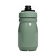 A drink bottle in muted green, featuring a screw-on lid and a black spout, with a logo on the side.