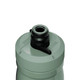 A drink bottle in muted green with a black top and a features an attached spout. It has a logo.