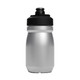 A drink bottle in silver stainless steel with a black lid, featuring a logo on its surface.