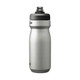A drink bottle in stainless steel, featuring a black lid and a logo. It's insulated and has a capacity of 0.5L.