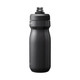 A drink bottle in matte black finished stainless steel with a slim design and cap for easy drinking, featuring a logo.