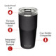 A drink bottle with a vacuum-insulated, black body; features a clear lid and includes a branding logo.