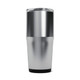 A drink bottle with a silver and black design, featuring a tapered shape and a transparent lid.