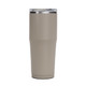 A drink bottle in a taupe colour with a stainless steel lid and a clear top, featuring a logo.