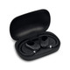 A pair of black Loop Ear Buds in a black charging case. The case is slightly open, revealing the buds inside.