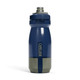 A drink bottle with a navy blue and grey design, featuring a wide mouth for easy filling and a logo on the side.