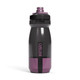 A drink bottle featuring a dark grey body with a purple base and a black lid, including a logo.