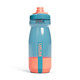 A drink bottle featuring a blue and coral design, with a twist-off lid and a logo.