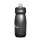 A drink bottle in matte black with a grey cap and dotted pattern, featuring a logo. Holds 0.6L of liquid.
