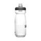 A drink bottle with a clear body, grey cap, and dotted design, featuring a logo on the side.