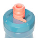 A drink bottle with a pink nozzle and a blue body, featuring a lid with a logo.