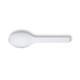 A white spoon with a smooth surface and ergonomic handle, featuring a logo on the handle.