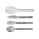 A cutlery set featuring stainless steel knife, fork, spoon, and a transparent serving spoon, arranged in a row.