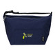 A navy blue cooler bag with a zipper, featuring a front pocket and a logo. Made from recycled materials.