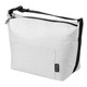 A grey cooler bag with a black strap and a front pocket, featuring a logo.