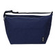 A navy cooler bag with a zippered closure, adjustable strap, and an external pocket. It features a brand logo.