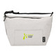 A grey cooler bag with a shoulder strap, featuring a front pocket and a logo.