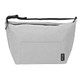 A grey cooler bag with a zippered closure and an adjustable strap, featuring a front pocket and branding.
