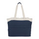 A navy and cream tote bag featuring dual handles and a spacious design, with a branded logo.