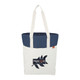 A tote bag with a cream body, navy blue top and straps, featuring a branded logo on the front.