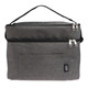 A grey zippered bag with a handle, featuring a front pocket and a logo on the side.