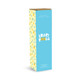 A drink bottle with a light blue design features playful graphics and has a logo. The packaging is brightly coloured.