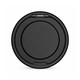 A black circular magnetic charger with a stand feature, designed for phones and watches, featuring a logo.