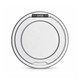 A round, silver magnetic charger with a stand, featuring a smooth surface and a hinged element.