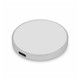 A silver circular wireless charger with a USB-C port, featuring a smooth surface and simple design.