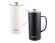 A drink bottle with a white and a black insulated coffee press design, featuring a lid and handle. It has a logo.