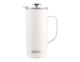 A drink bottle in white with a stainless steel lid and a handle, featuring a logo. 