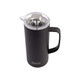 A drink bottle in matte black with a transparent lid and a handle, featuring a logo on the front.