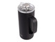 A drink bottle in matte black with a clear lid, featuring a handle and a logo.