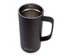 A drink bottle in matte black with a handle and insulated design, featuring a stainless steel interior and branding.