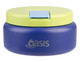 A food flask in navy blue with a light green lid, featuring a logo on the front.