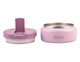 A pink insulated food flask with a quick release lid, featuring a stainless steel interior and a logo.