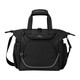 A black bag with multiple compartments, featuring handles and a detachable shoulder strap, and a logo on the front.