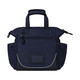 A navy blue bag with multiple pockets, short handles, and a sleek design. It features a logo on the front.