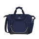 A navy cooler bag with multiple compartments, handles, a shoulder strap, and a drink bottle holder. It features a logo.