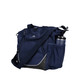A navy cooler bag with a shoulder strap and side pocket, containing a drink bottle and additional compartments.
