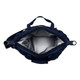 A navy cooler bag with a spacious silver-lined interior and multiple carrying options. It includes a logo.
