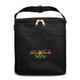 A black insulated bag with a zip closure and a logo on the front. It features a carry handle and a front pocket.