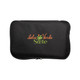 A black zippered case featuring a logo in orange and green. The design includes palm tree elements.