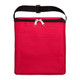 A red insulated bag with a zip closure and a front pocket, featuring a black strap on top.