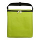 A green insulated bag with a zip closure and a front pocket, featuring a black strap for easy carrying.