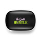 A black promotional product with a vibrant logo featuring the words "The Gentle Hustle" in pink and green.