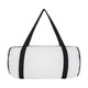 A white duffle bag with black straps and a zip closure, featuring a logo on the side.