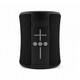 A black speaker with a textured surface, featuring control buttons and a USB Type-C port. It has a branded logo.