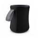A black speaker with a textured fabric exterior and a grey handle. It has a modern cylindrical design.
