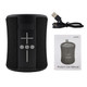 A black portable speaker with control buttons, a USB cable, and a user manual. The speaker has a textured surface.